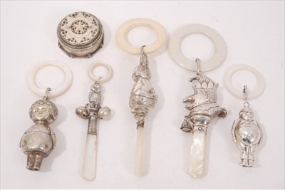 Lot 189 - Group of five novelty teething rattles, together with a silver mother of pearl lidded box