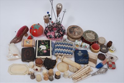 Lot 1675 - Collection of sewing items, pins, mother-of-pearl carving, carved bone etc