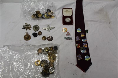 Lot 1873 - Assorted pins and badges, including military cap badges, Butlins, motoring, sporting, RSPCA, etc