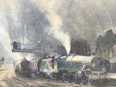 Lot 96 - Martin Bickley (b. 1947) oil on canvas - Locomotives in York railway station, signed, painted 1978