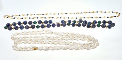 Lot 471 - Gold and hematite bead necklace, lapis lazuli and malachite bead necklace and a freshwater cultured pearl necklace