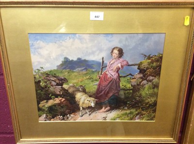 Lot 447 - Two Victorian coloured prints - young girls within rural landscapes, in glazed gilt frames