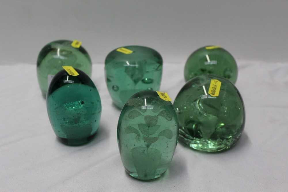 Lot 902 - Collection of six Victorian green glass paperweights to include Stourbridge and Castleford (6)