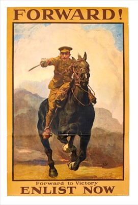 Lot 615 - First World War recruitment poster- Forward! Forward to Victory, enlist now. By Lucy Kemp-Welch (1869 - 1958) depicting a Calvary charge, published by the Parliamentary Recruiting Committee, Lond...