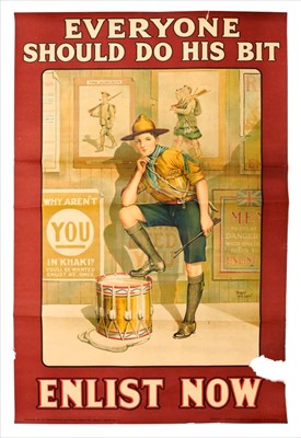 Lot 616 - First World War recruitment poster- Everyone should do his bit, enlist now. By Baron Low, 1915 depicting a Boy Scout in contemplation