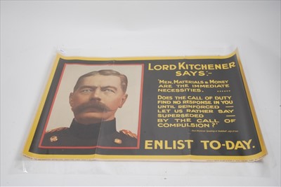 Lot 617 - First World War recruitment poster- Lord Kitchener Says- Men, materials and money are the immediate necessities, does the call of duty find no response in you until reinforced let us rather say sup...