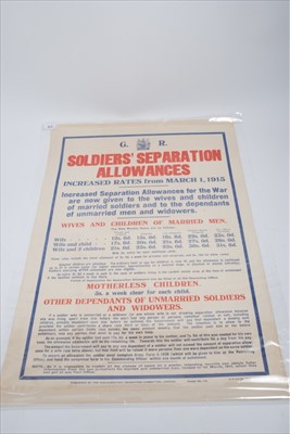 Lot 620 - First World War information poster- Soldiers' Separation Allowances increased rates from March 1915, published by the Parliamentary Recruiting Committee, London, poster no. 114. 81 x 55cm