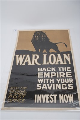 Lot 622 - First World War Savings poster- War loan, back the empire with your savings, invest now, apply for details at nearest post office, published by the Parliamentary War Savings Committee, London, post...