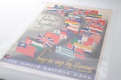 Lot 623 - Second World War Savings poster- Forward together keep in step by saving, Post Office savings bank. 76 x 50.5cm