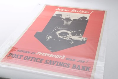 Lot 625 - Second World War Savings poster- Post Office savings bank, Action Stations! Saving is Everybody's War Job! 76.5 x 51cm