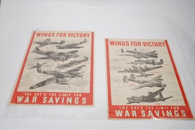 Lot 627 - Pair of Second World War Savings posters- Wings for Victory, the sky's the limit for war savings. One poster depicting bomber aircraft including Lancaster and Halifax, the other depicting fighters...