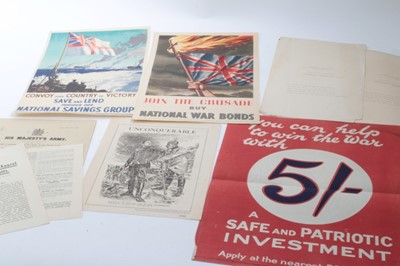 Lot 628 - Group of First and Second World War Savings and Recruitment related ephemera to include an enlistment poster with cartoon from Punch and three Second World War Savings posters of small size (9 item...