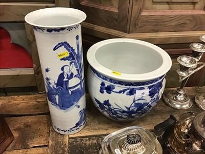 Lot 40 - Late 19th Century Chinese Blue and white cylindrical vase, together with a blue and white jardinière (2)