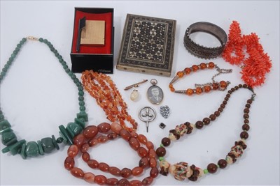 Lot 68 - Agate bead necklace, silver cuff bangle, other jewellery, card case and Dupont lighter