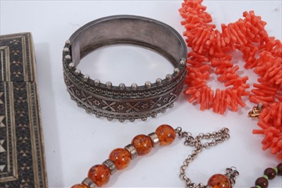 Lot 68 - Agate bead necklace, silver cuff bangle, other jewellery, card case and Dupont lighter