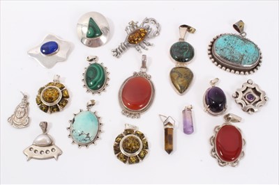 Lot 15 - Collection silver and white metal earrings, pendants and brooches set with semi precious stones