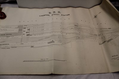 Lot 1062 - Railway A collection of Victorian printed plans many with printed signature Alf (Alfred) Langley, inventor of Hydraulic Buffer, some dated and stamped Engineer's Office, Liverpool Street, London.  ...
