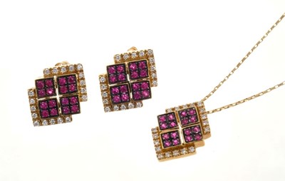 Lot 479 - Pair of ruby and diamond earrings and matching pendant in yellow 18ct gold setting