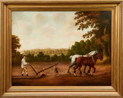 Lot 1070 - 19th century, Naive School, oil on canvas - The Ploughman and heavy horses, in gilt frame