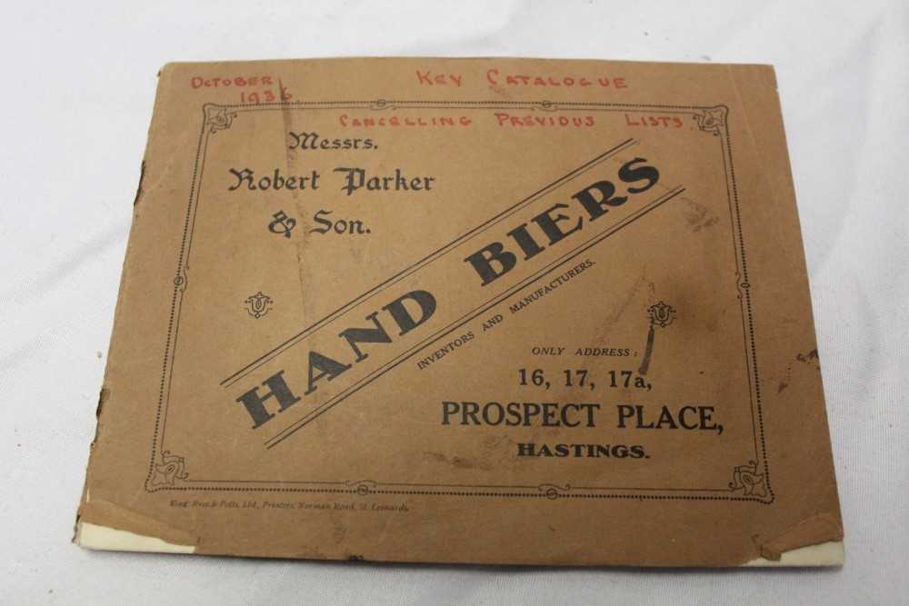 Lot 1067 - Coffin and Mortuary Hand Biers. An usual 1930s manufacturers catalogue by Robert Parker & Son, Hastings. Catalogue contains photographs of the various carriages with descriptions and prices. Als...