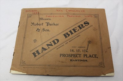 Lot 1067 - Coffin and Mortuary Hand Biers. An usual 1930s manufacturers catalogue by Robert Parker & Son, Hastings. Catalogue contains photographs of the various carriages with descriptions and prices. Als...