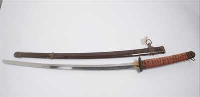 Lot 762 - Second World War Japanese officers' Katana sword with regulation military mounts, curved blade in painted and gilt metal mounted scabbard.