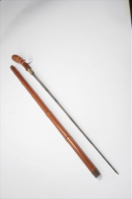 Lot 773 - 19th century bamboo sword stick with hollow ground blade, brass collar engraved ' Col.St.George Caulfield'