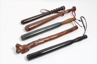 Lot 777 - Group of five turned wood and other truncheons (5)