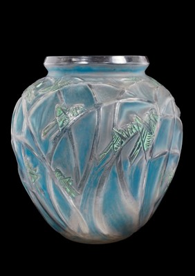 Lot 911 - René Lalique Sauterelles pattern vase, the frosted and clear glass decorated with a grasshopper design