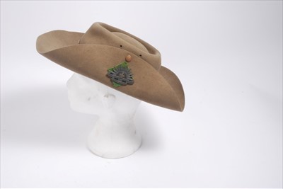 Lot 647 - Second World War Army Bush / Slouch Hat, with leather head band, stamped Denham & Hargrave Ltd, Atherstone dated 1943 and marked with broad arrow. Interior inscribed Jack, East London, with Austral...