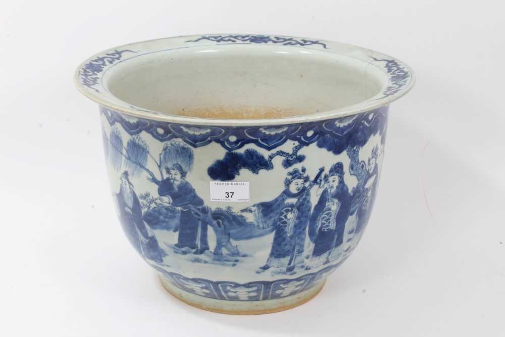 Lot 37 - Large early 20th century Chinese blue and white jardiniere, painted with figural scenes and calligraphy, 37cm diameter
