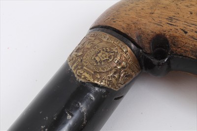 Lot 807 - 19th century Day's Patent 1823 percussion underhammer stick gun with walnut pistol handle, gilt brass Royal arms patent plaque and black enamelled steel barrel shaft with concealed trigger and but...