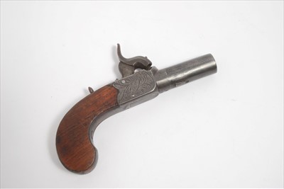 Lot 809 - 19th century percussion box lock pocket pistol by Nock London with turn-off barrel, concealed trigger and top safety, slab sided walnut grip 34.5cm overall