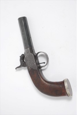 Lot 811 - 19th century percussion box lock 38 bore overcoat pistol, retailed by Bentley London with turn-off octagonal barrel signed on top flat, scroll engraving to lock, finely chequered walnut grip with...