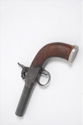 Lot 811 - 19th century percussion box lock 38 bore overcoat pistol, retailed by Bentley London with turn-off octagonal barrel signed on top flat, scroll engraving to lock, finely chequered walnut grip with...