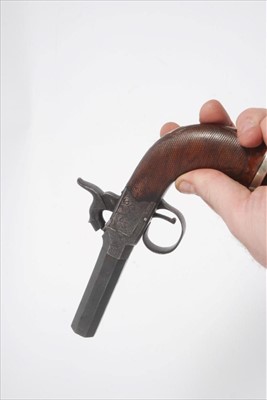 Lot 811 - 19th century percussion box lock 38 bore overcoat pistol, retailed by Bentley London with turn-off octagonal barrel signed on top flat, scroll engraving to lock, finely chequered walnut grip with...