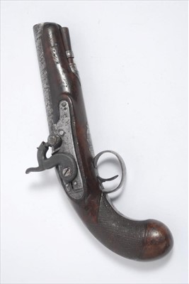 Lot 813 - 19th century percussion 22 bore officers' pistol (converted from flintlock), the lock signed Reddell, finely chequered walnut stock with engraved steel furniture 24cm overall