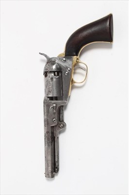 Lot 814 - Scarce early production London Colt 1849 pocket percussion revolver, matching numbers (No.149 ), London address to top of barrel, London proofs to cylinder, brass trigger guard and frame, walnu...