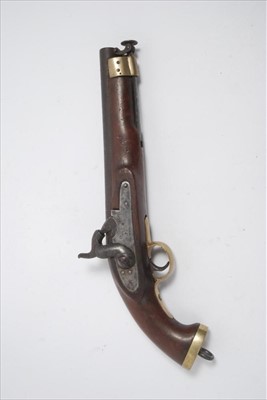 Lot 815 - Large 19th century East India Company percussion carbine bore military pistol with London proofs, sidelock with engraved EIC lion crest, walnut stock with regulation brass mounts, swivel ramrod an...