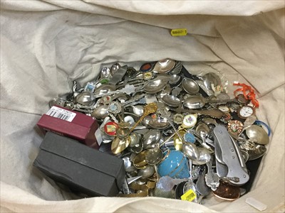 Lot 347 - Collection of assorted silver plated and other souvenir spoons, together with coins, bank notes and sundry items