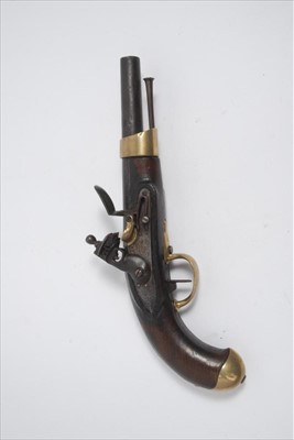 Lot 817 - Napoleonic French 1805 Pattern flintlock cavalry pistol dated 1814 with brass mounts, steel ramrod, various markings including stamps to stock, the barrel 20cm, the pistol 35cm