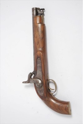Lot 818 - 19th century Indian trade percussion military pistol with swivel ramrod and brass mounts, the barrel 24.5cm, the pistol 38cm