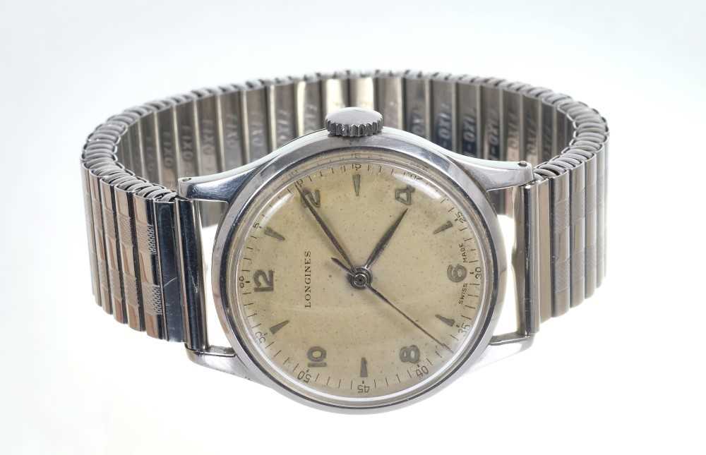 Lot 154 - 1950s Longines stainless steel wristwatch