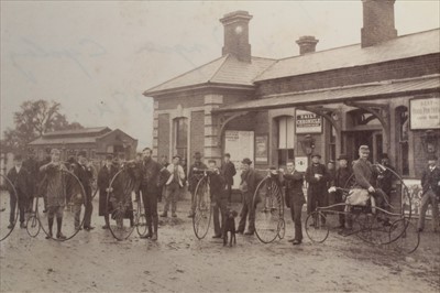 Lot 1085 - Victorian photograph 1884 Ongar Railway Station exterior with Ongar Cycling Club members and their penny farthing bicycles with onlookers.