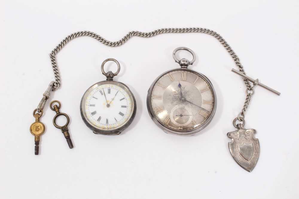 Lot 159 - Silver cased pocket watch, silver fob watch and chain