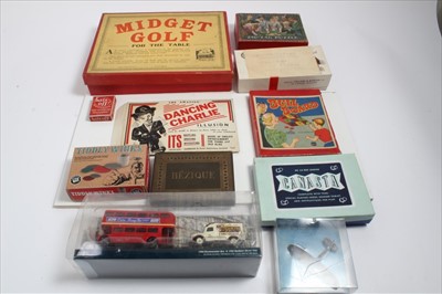 Lot 1375 - Collection of various toys and games to include The amazing dancing Charlie Illusion, Midget Golf, Zig-Zag puzzle, children's tea set, building blocks etc