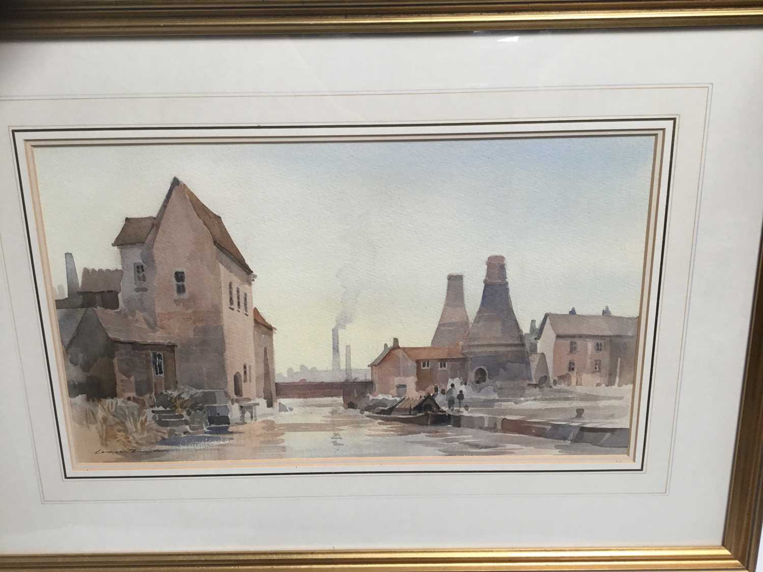 Lot 24 - Ivan Taylor (b. 1946) watercolour - City wharfs and kilns,, mounted in glazed frame