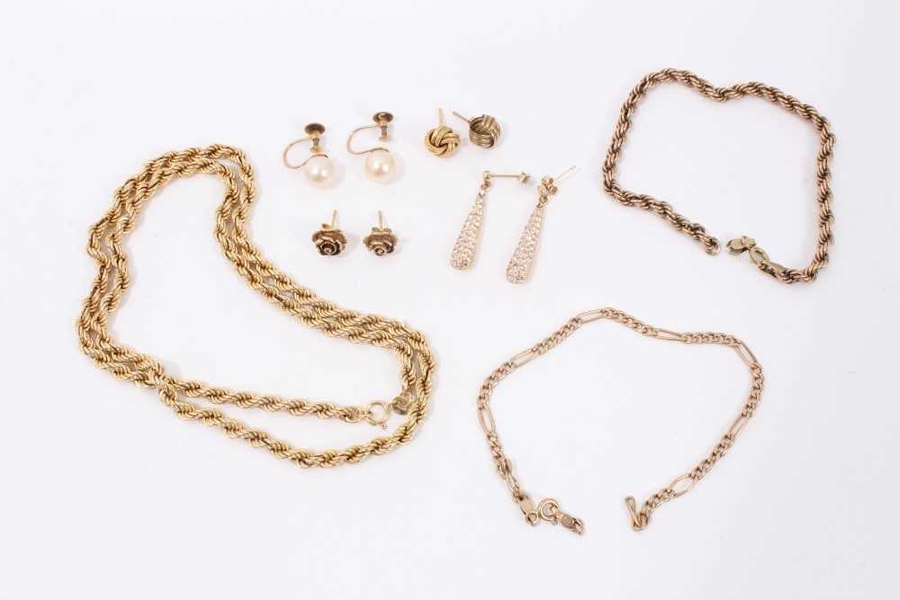 Lot 77 - 9ct gold rope twist necklace and bracelet, 9ct gold bracelet and various gold earrings