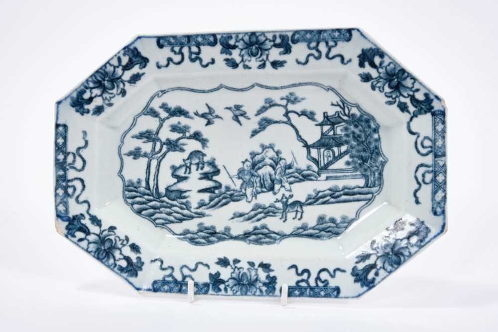 Lot 34 - Liverpool Pennington blue and white platter, circa 1785, printed with the Stag at Bay pattern, 26cm across