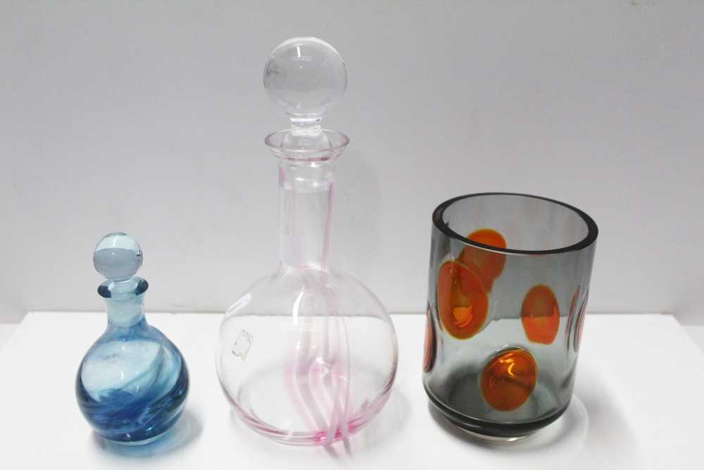 Lot 918 - Whitefriars smoky grey vase with tangerine circles, together with a Caithness scent bottle and a Caithness decanter (3)